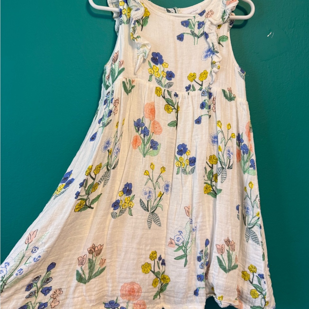 Angel Dear “Urban Floral” Ruffle Dress - White with Blue and Yellow Accents